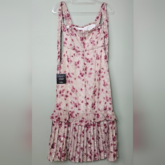 Lulus Terrace Views Taupe/ Pink Floral Print Tiered Midi w Tying Shoulder Straps - Picture 10 of 14